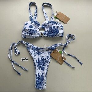 Berlook Blue Floral XS Bikini Set Ruched Cutout Bikini Top High Cut Leg Bottom